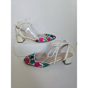 J Crew Ankle Strap Floral Embroidery Italy Low Block Slingback Heels Shoes 10